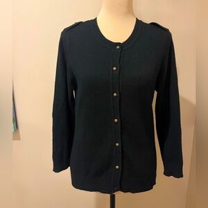 Pure Amici Cashmere Black Cardigan, epaulettes & bronze buttons, size Medium